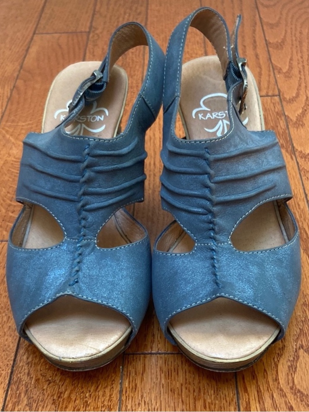 Blue Slingback Peep-Toe Wedge Sandals